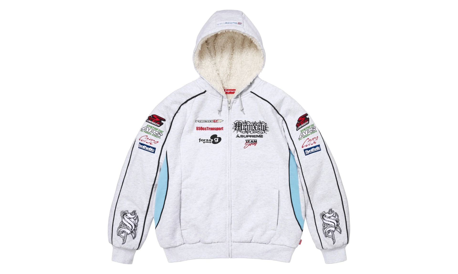Supreme Racing Lined Zip Up Hooded Sweatshirt Ash Grey