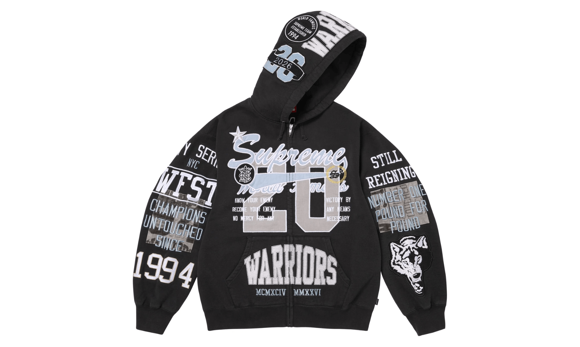 Supreme Warriors Appliqué Zip Up Hooded Sweatshirt Black