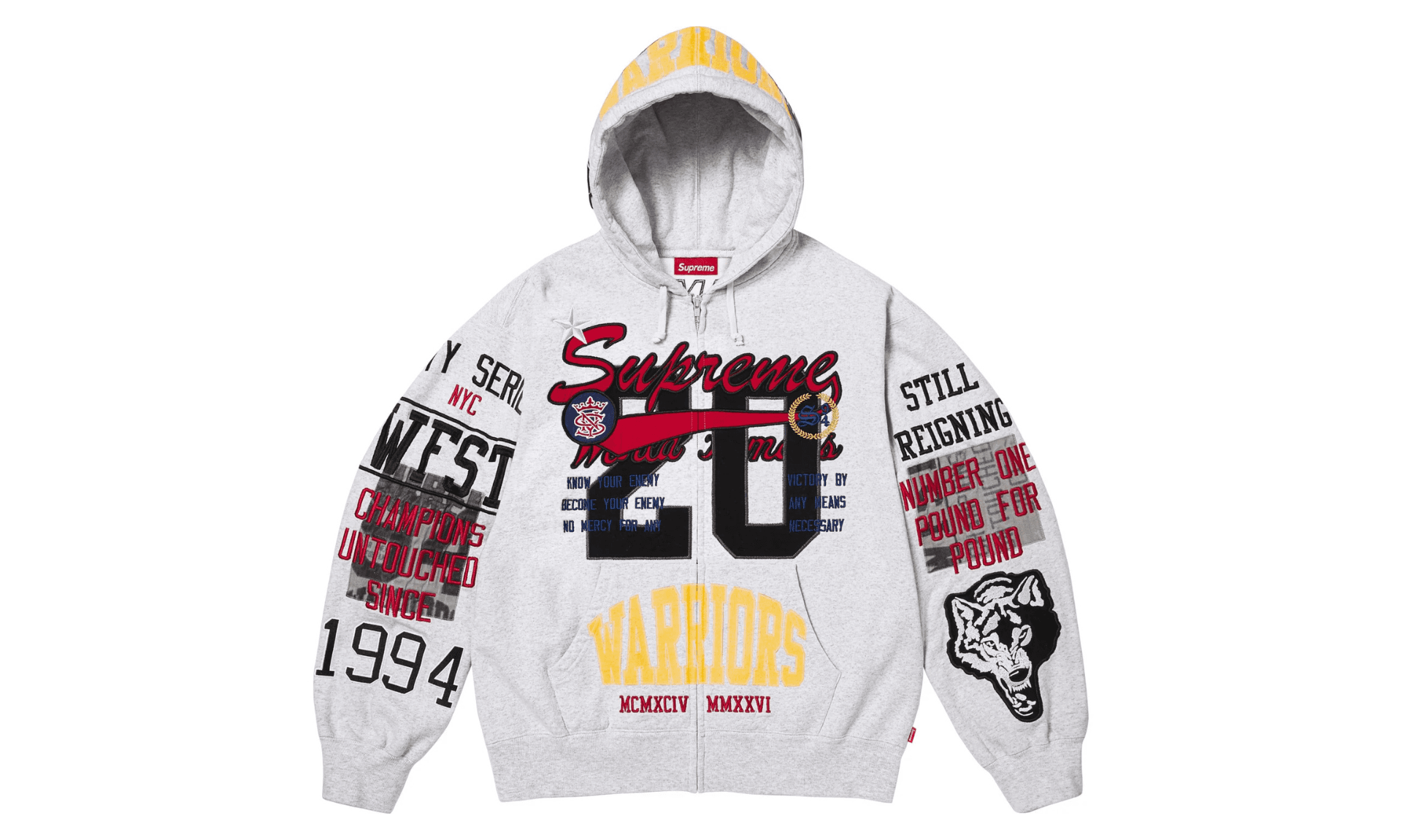 Supreme Warriors Appliqué Zip Up Hooded Sweatshirt Ash Grey | OVERCEZ