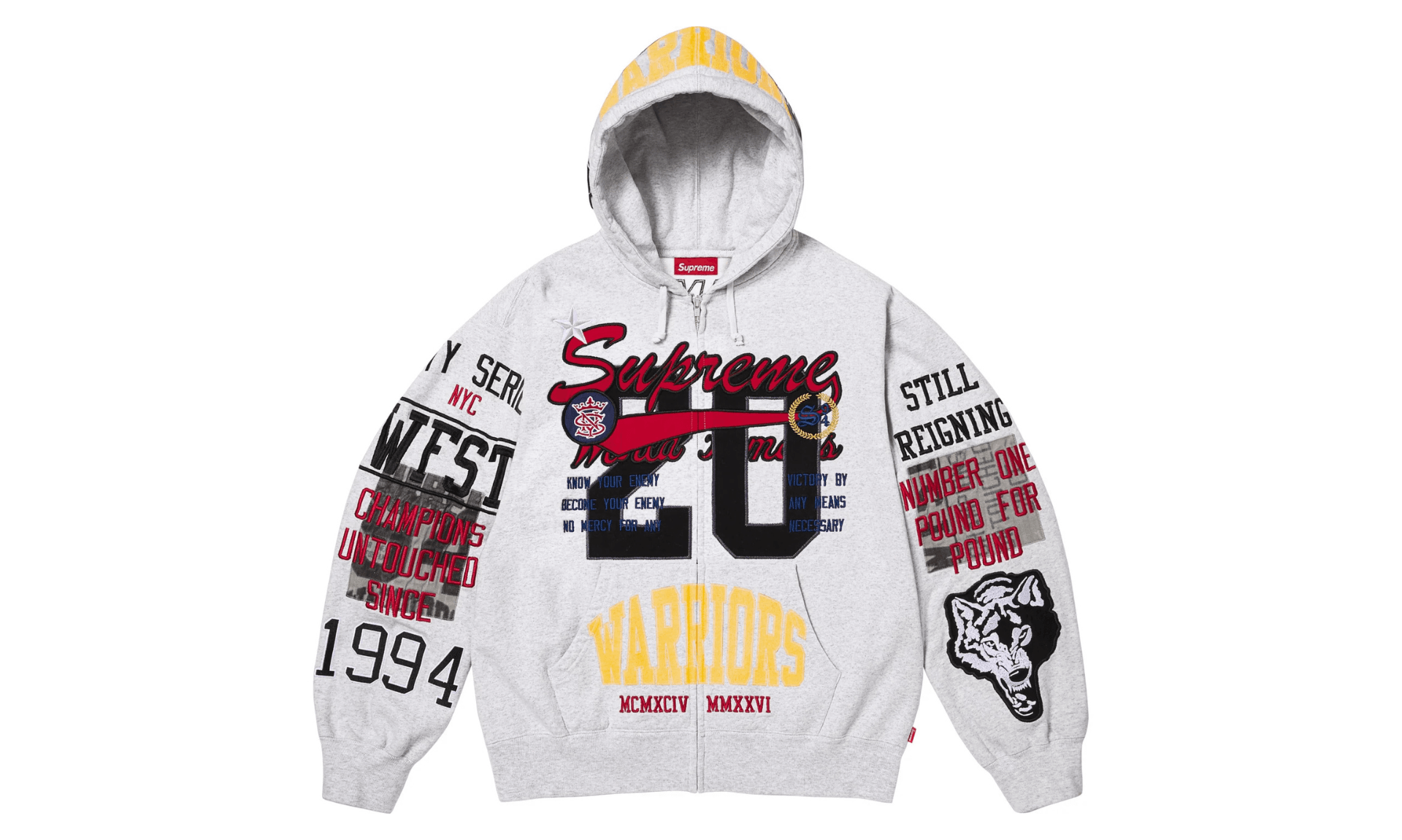 Supreme Warriors Appliqué Zip Up Hooded Sweatshirt Ash Grey