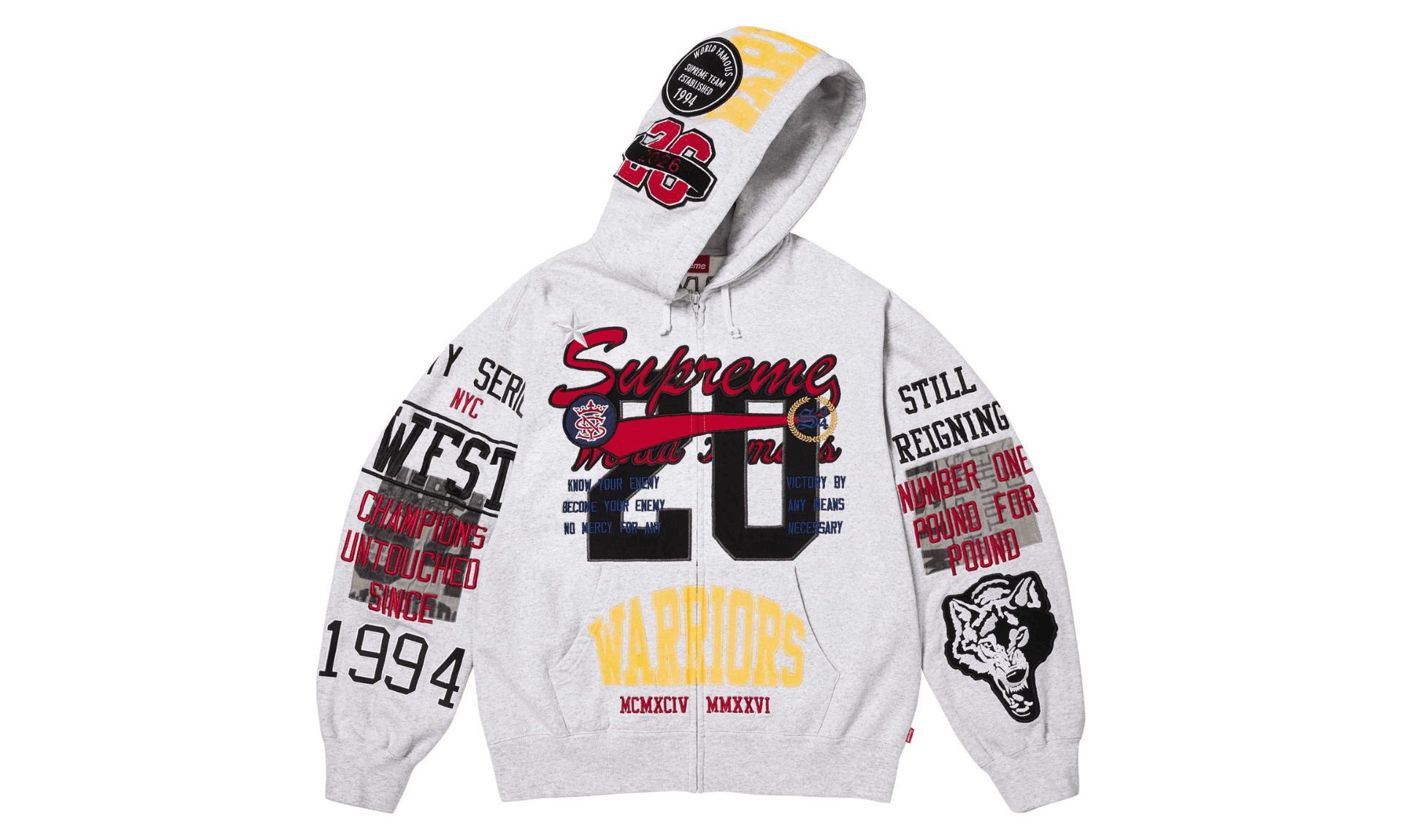 Supreme Warriors Appliqué Zip Up Hooded Sweatshirt Ash Grey | OVERCEZ