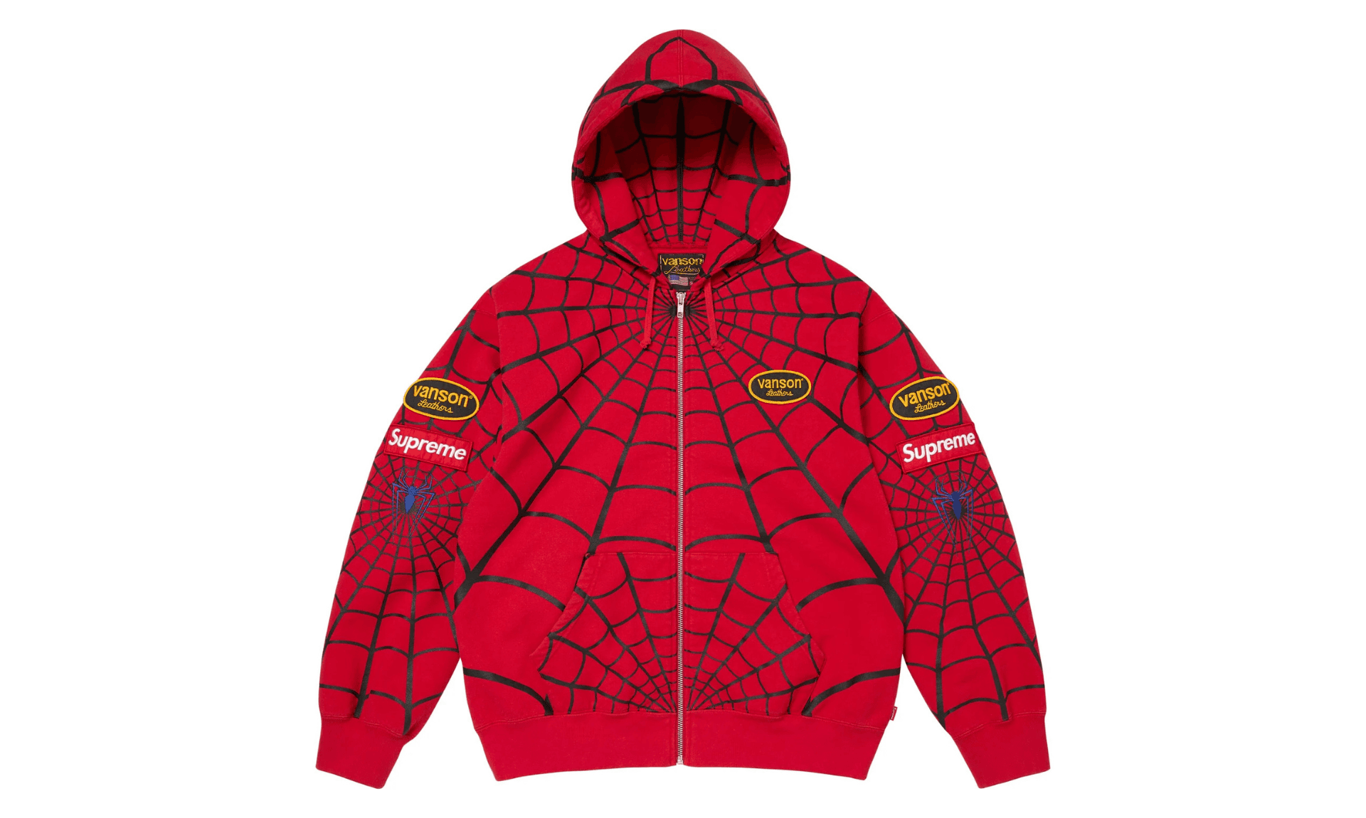 Supreme x Vanson Leathers Spider-Man Zip Up Hooded Sweatshirt Red