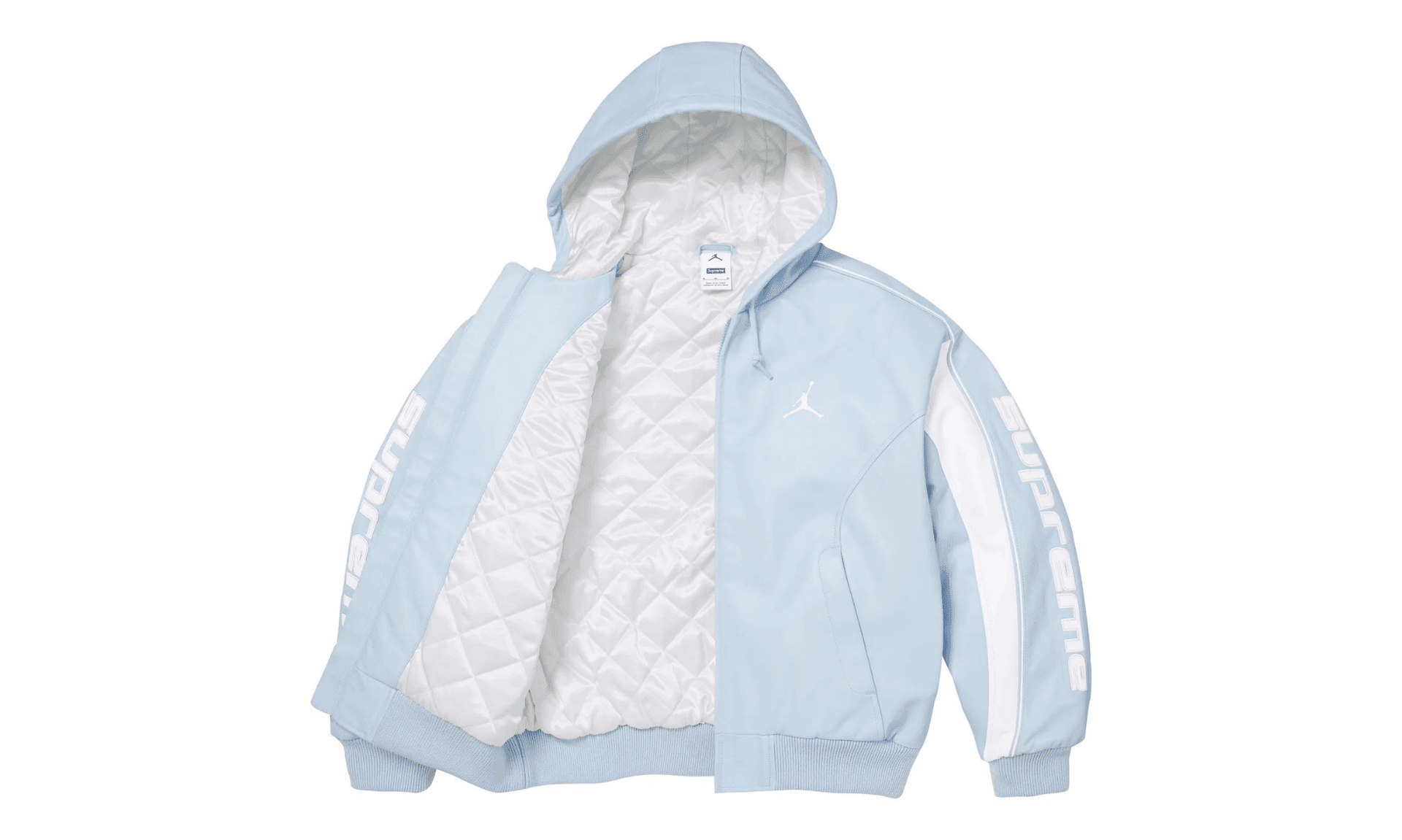Supreme Jordan Hooded Leather Jacket Light Blue | OVERCEZ