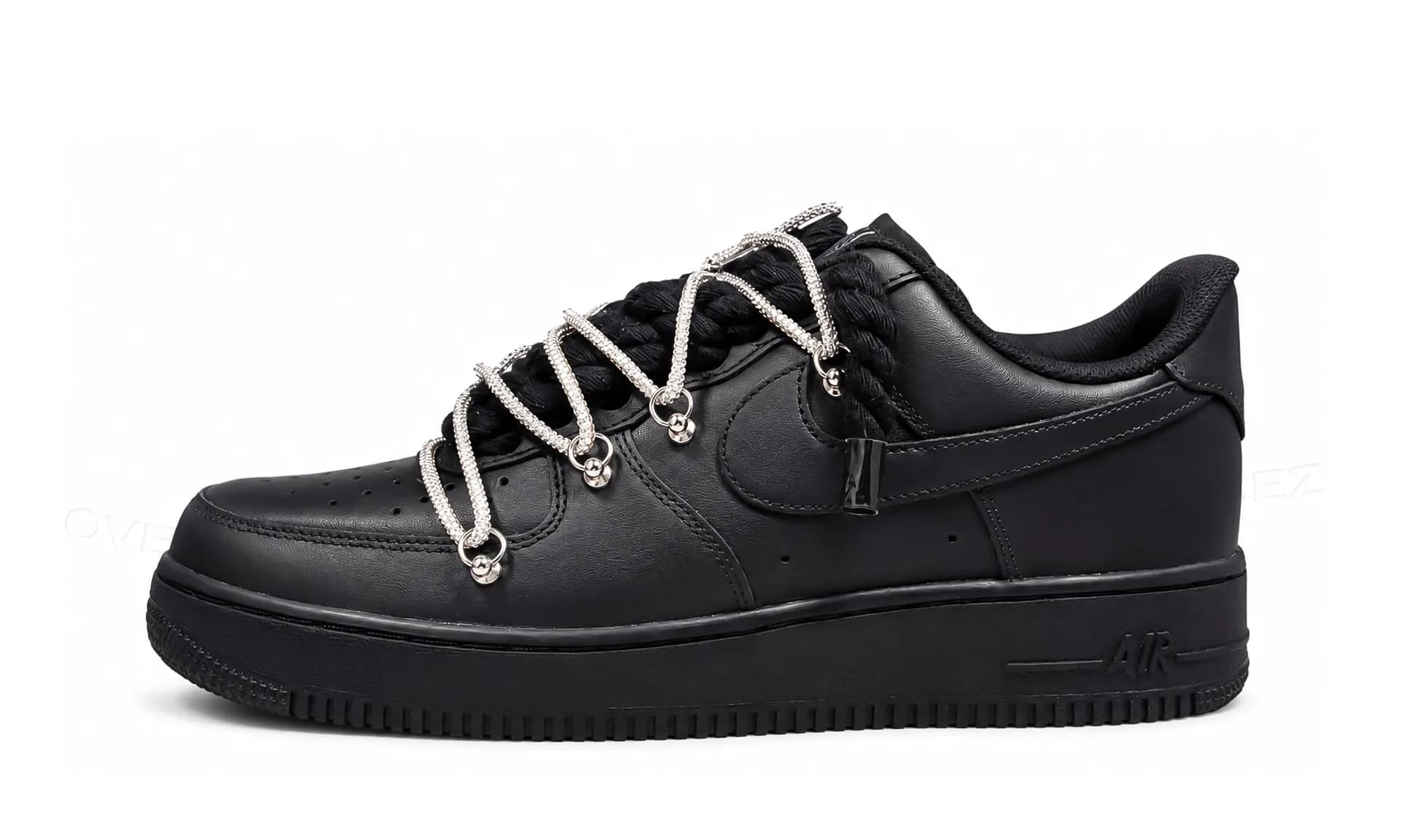 Nike Air Force 1 Low Black Double Rope Laces Silver Chain | OVERCEZ