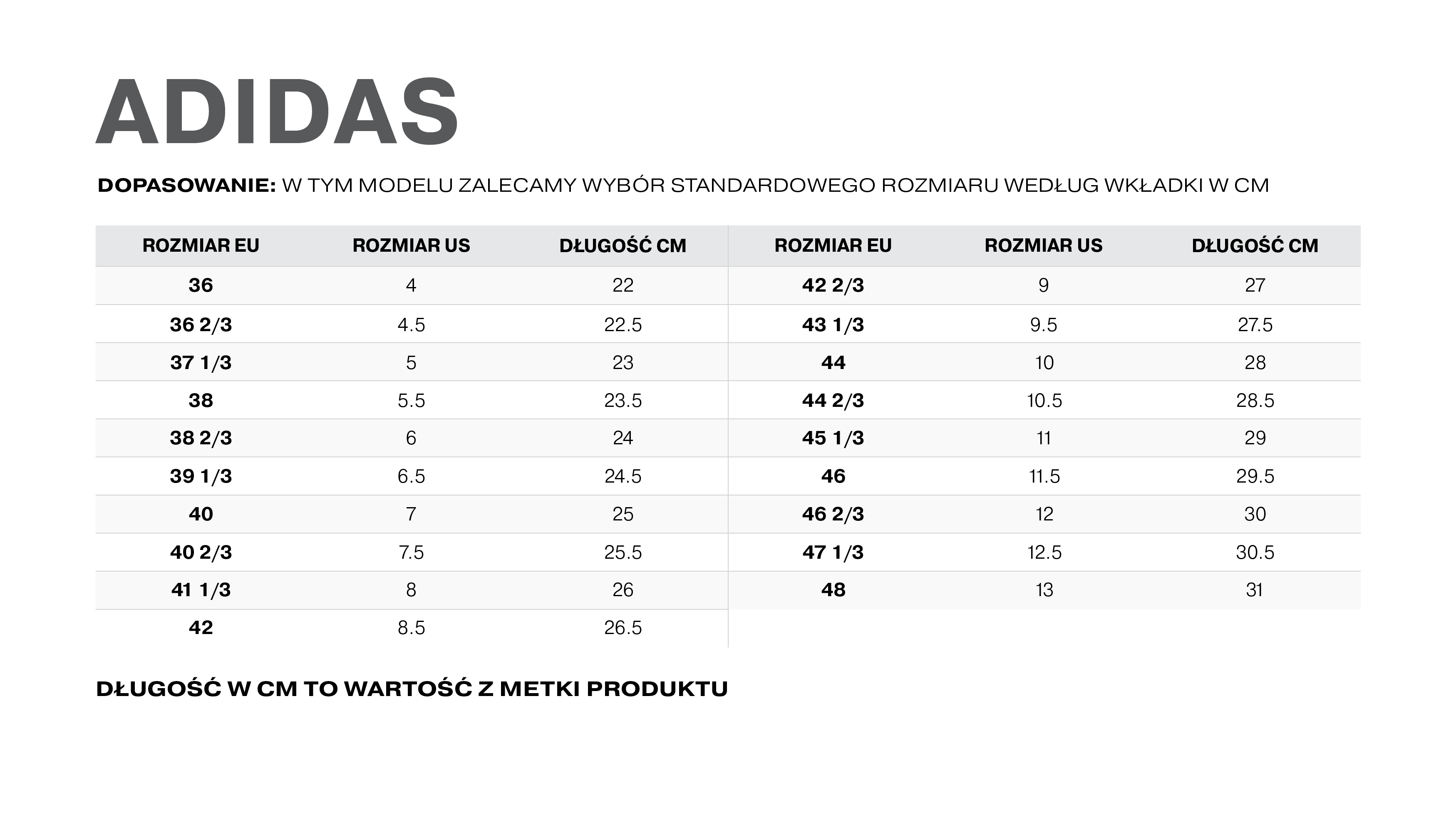 Tabela rozmiarów adidas