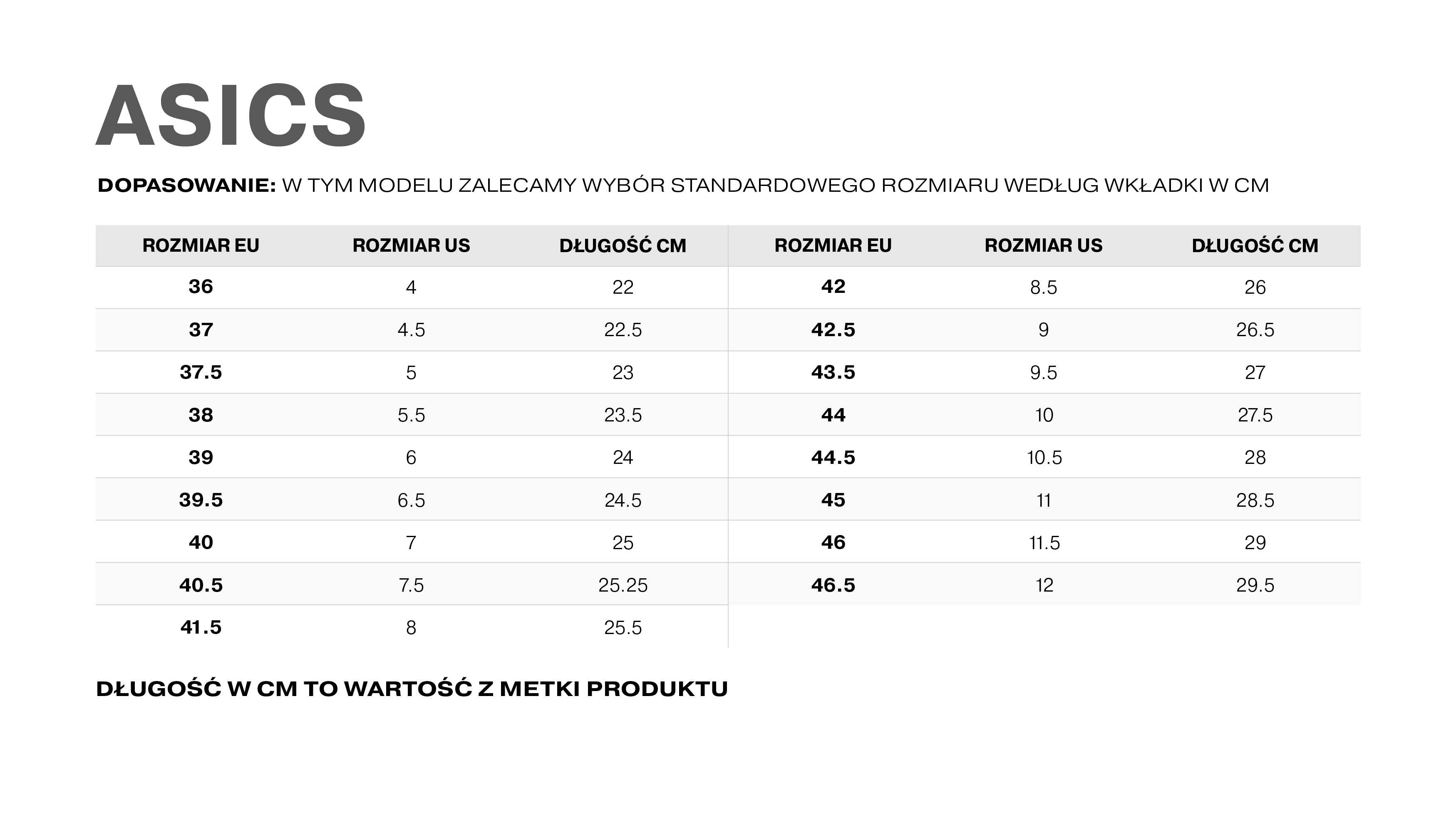 Tabela rozmiarów asics